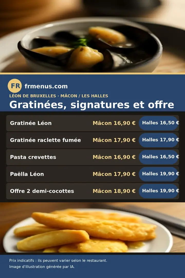 Carte des gratinées, signatures et de l'offre 2 demi-cocottes de Léon de Bruxelles, prix à Mâcon et à Paris Les Halles, avec prix indicatifs