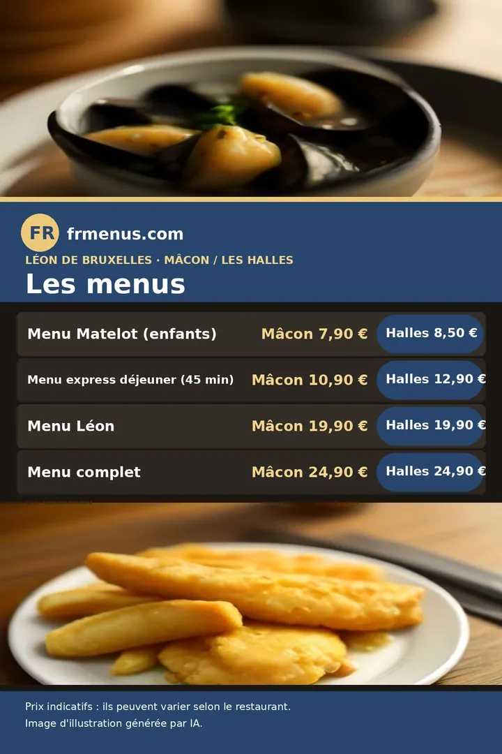 Carte des menus : express déjeuner 10,90 € à Mâcon et 12,90 € aux Halles de Léon de Bruxelles, prix à Mâcon et à Paris Les Halles, avec prix indicatifs