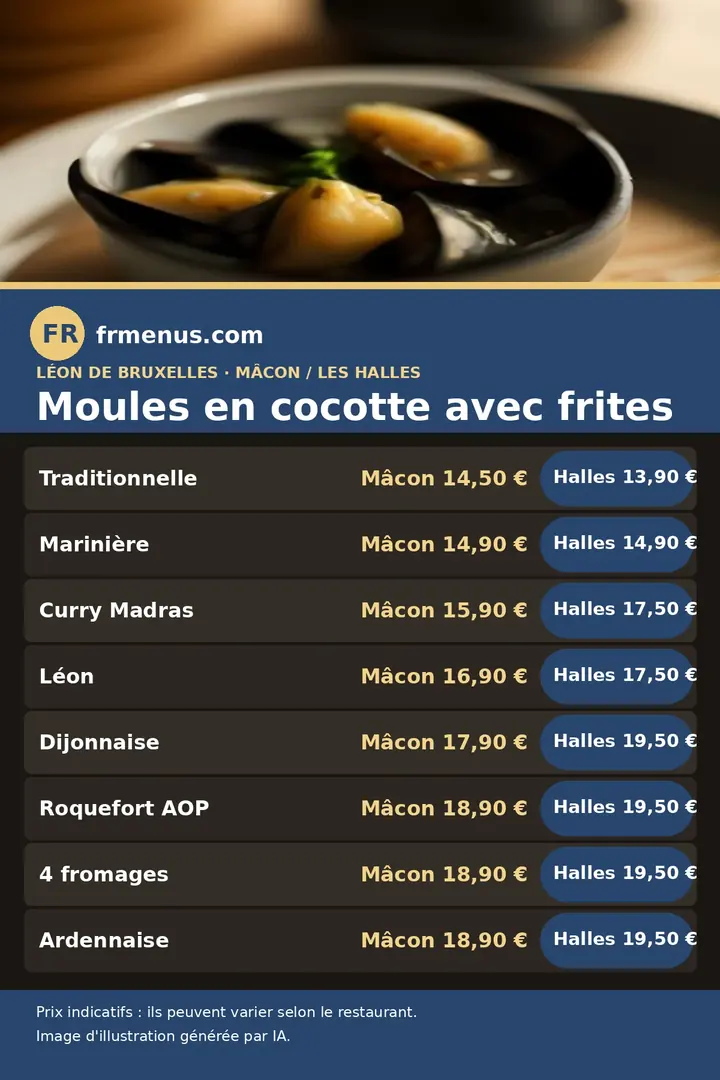 Carte des moules en cocotte avec frites de Léon de Bruxelles, prix à Mâcon et à Paris Les Halles, avec prix indicatifs