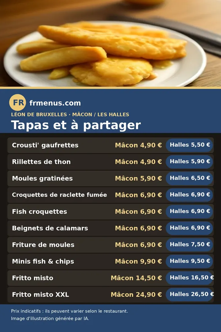 Carte des tapas et plats à partager de Léon de Bruxelles, prix à Mâcon et à Paris Les Halles, avec prix indicatifs