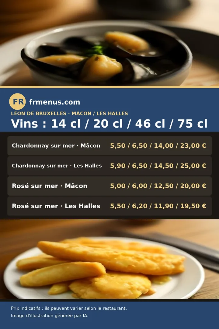 Carte des vins au verre, au pot et à la bouteille de Léon de Bruxelles, prix à Mâcon et à Paris Les Halles, avec prix indicatifs