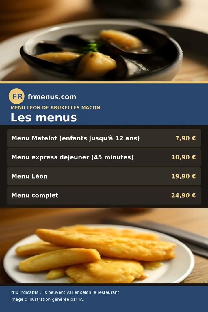 Carte des menus : Matelot enfants, express déjeuner 10,90 €, Léon et complet de Léon de Bruxelles à Mâcon, avec prix indicatifs