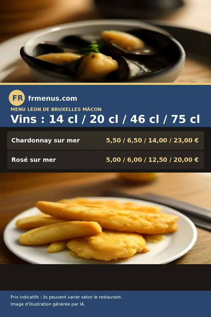 Carte des vins au verre, au pot et à la bouteille de Léon de Bruxelles à Mâcon, avec prix indicatifs