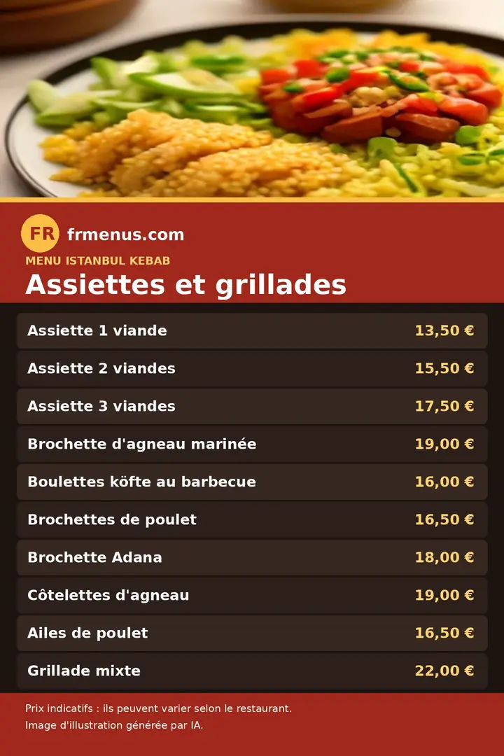 Carte des assiettes et grillades d'Istanbul Kebab à Saint-Égrève, avec prix indicatifs
