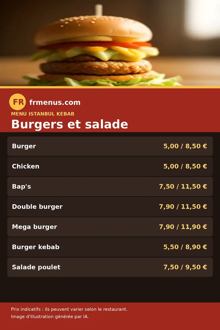 Carte des burgers et de la salade d'Istanbul Kebab à Saint-Égrève, avec prix indicatifs