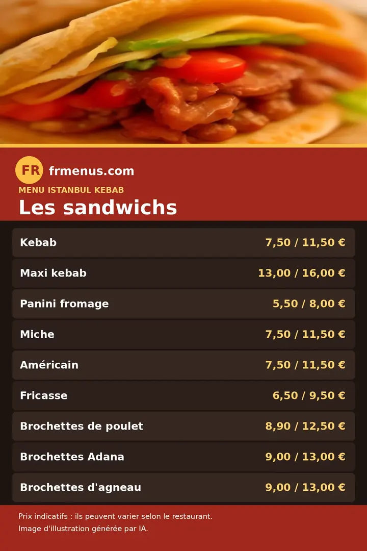 Carte des sandwichs d'Istanbul Kebab à Saint-Égrève, avec prix indicatifs