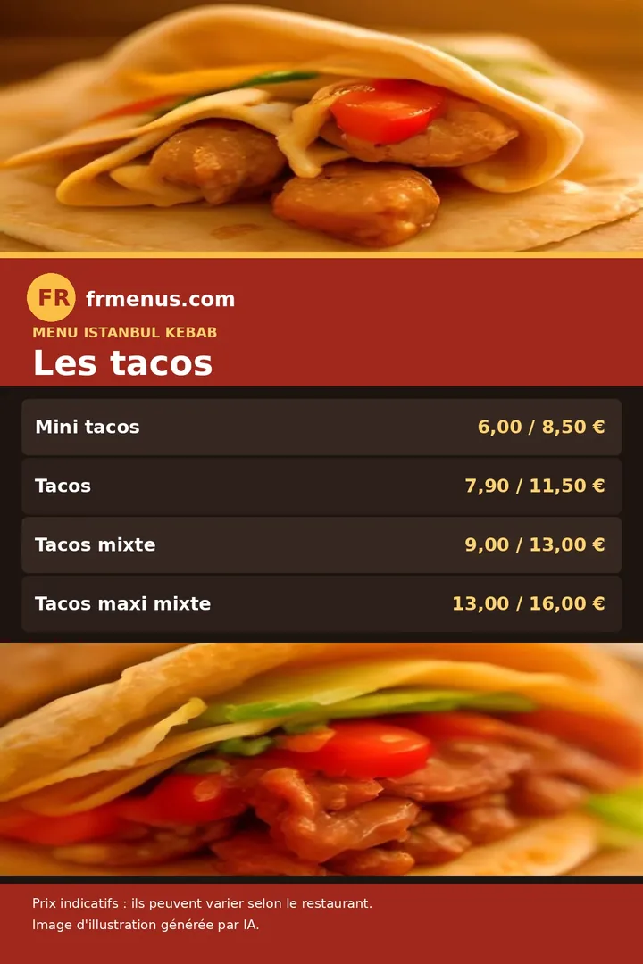 Carte des tacos d'Istanbul Kebab à Saint-Égrève, avec prix indicatifs