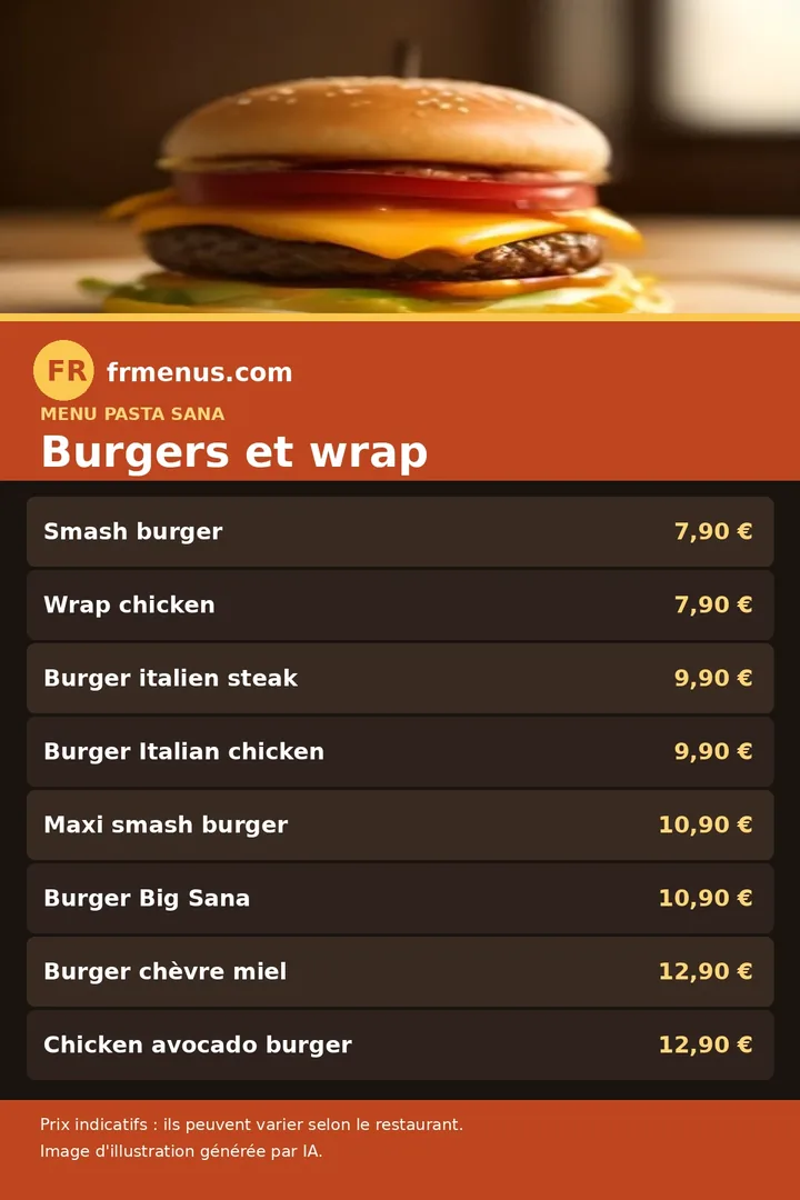 Carte des burgers et du wrap du restaurant Pasta Sana, avec prix indicatifs