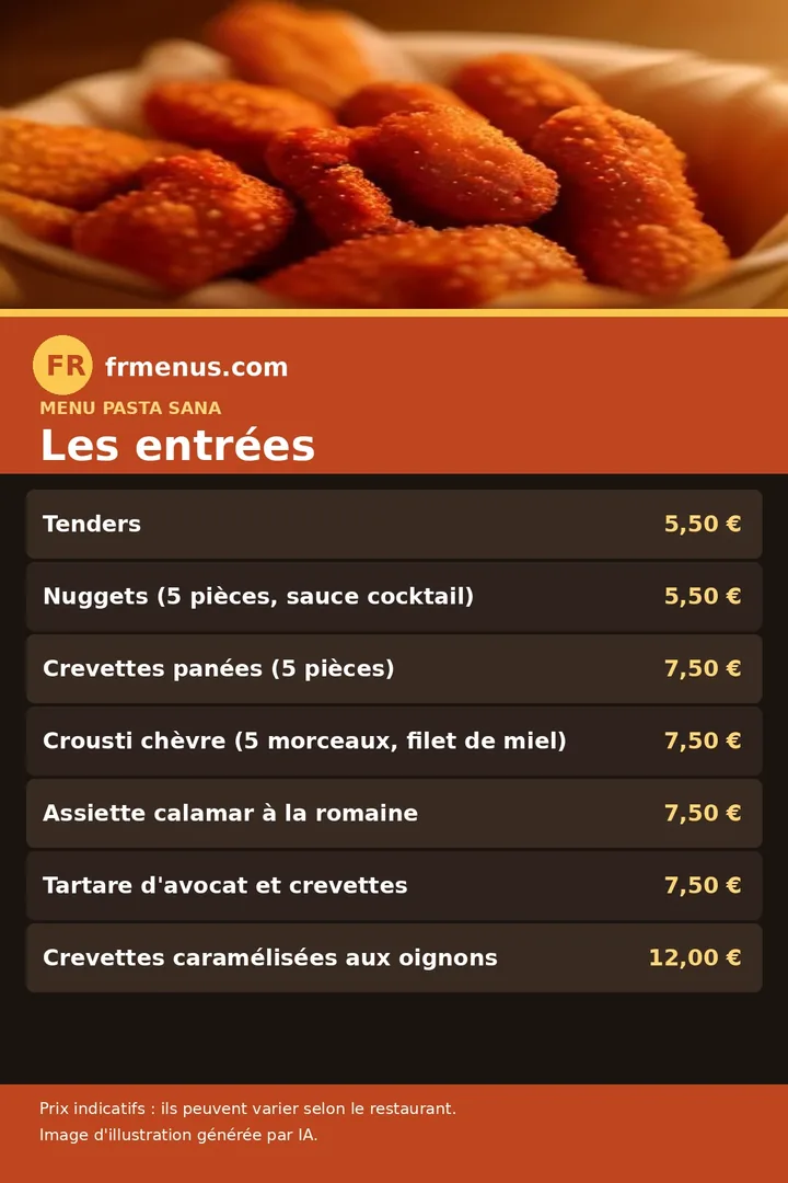Carte des entrées du restaurant Pasta Sana, avec prix indicatifs