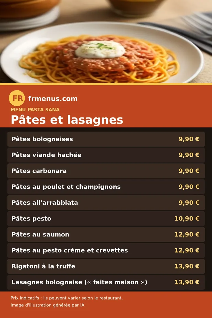 Carte des pâtes et de la lasagne du restaurant Pasta Sana, avec prix indicatifs