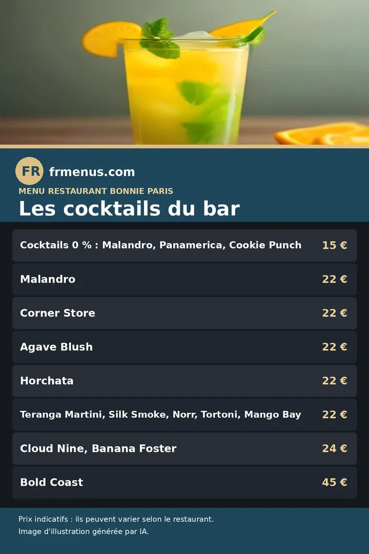 Carte des cocktails du bar du restaurant Bonnie à Paris, avec prix indicatifs
