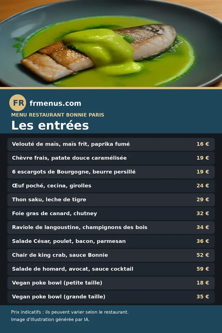 Carte des entrées et poke bowls du restaurant Bonnie à Paris, avec prix indicatifs