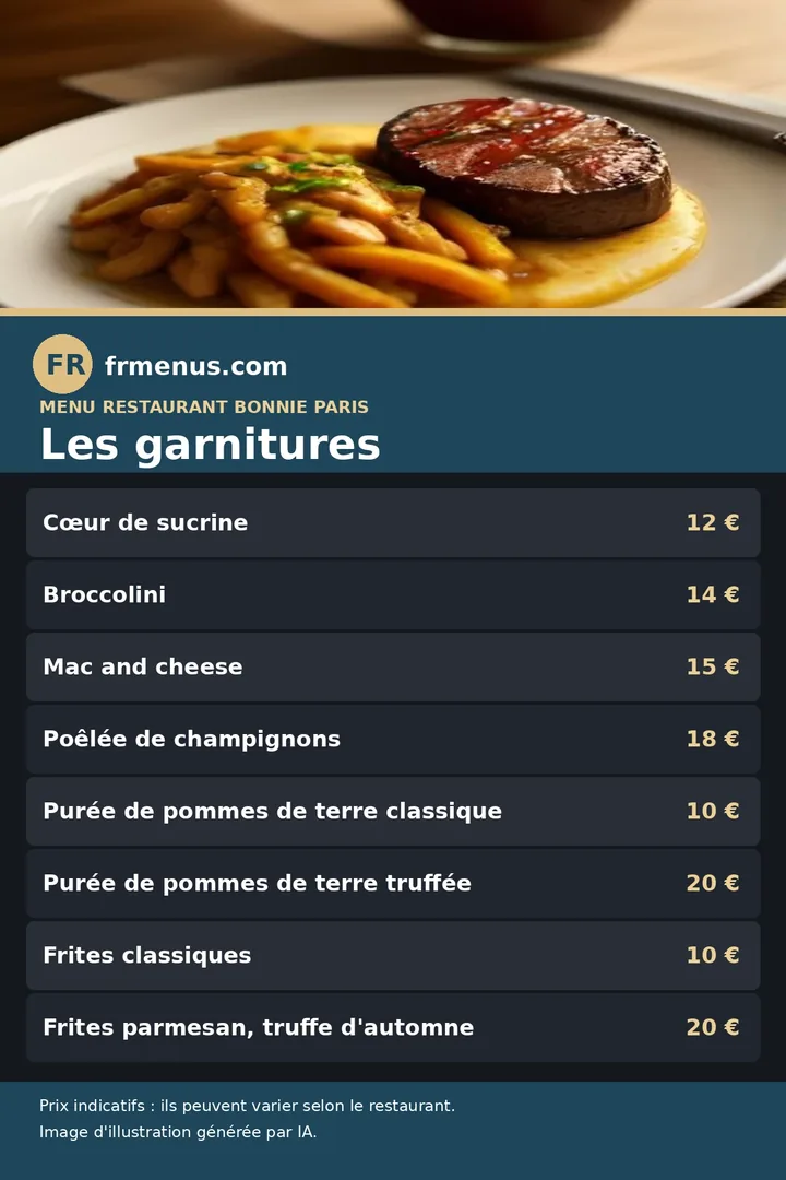Carte des garnitures du restaurant Bonnie à Paris, avec prix indicatifs