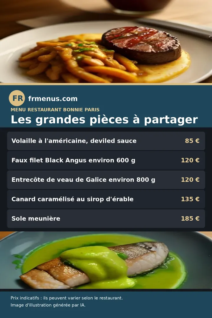 Carte des grandes pièces à partager, servies avec une sauce et deux garnitures du restaurant Bonnie à Paris, avec prix indicatifs