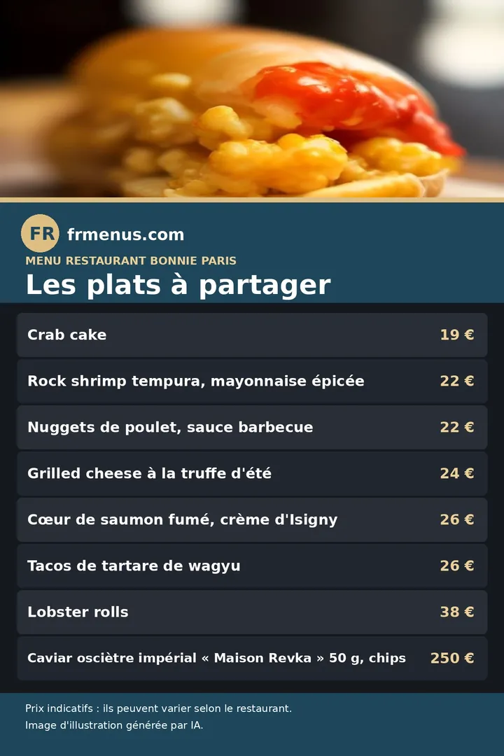 Carte des plats à partager du restaurant Bonnie à Paris, avec prix indicatifs