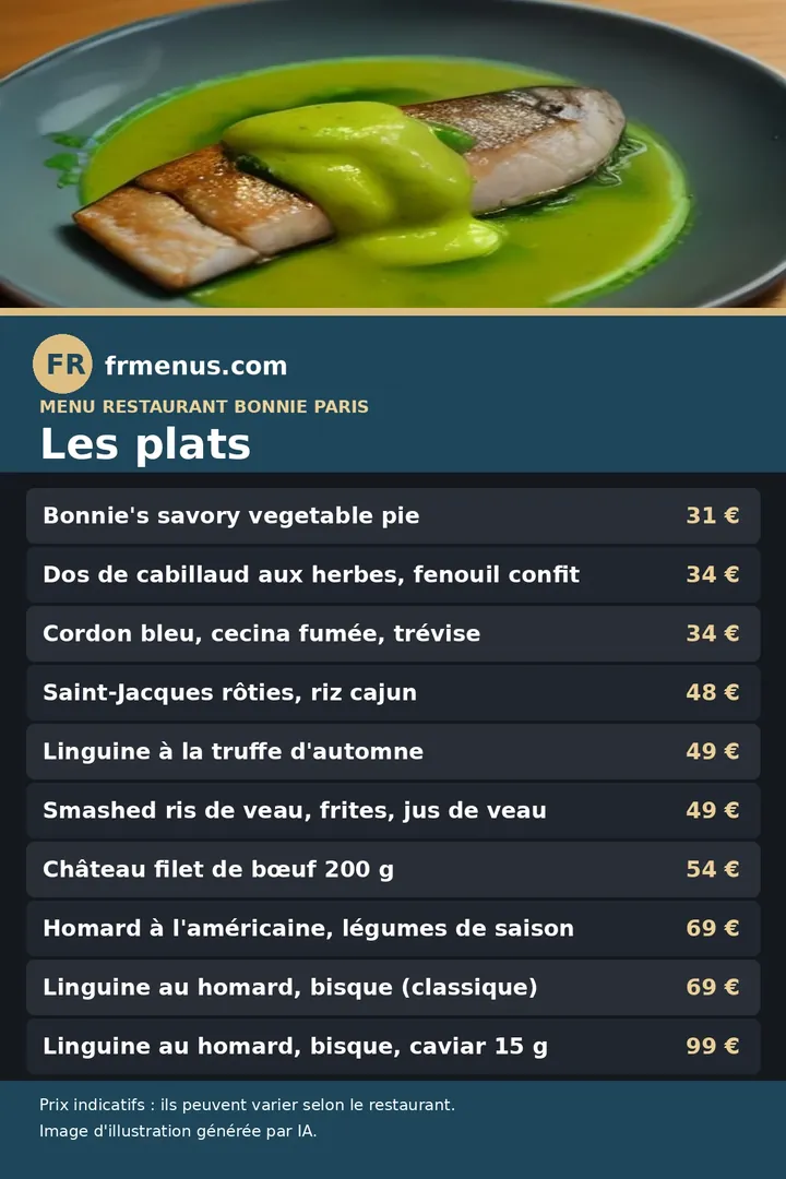 Carte des plats du restaurant Bonnie à Paris, avec prix indicatifs