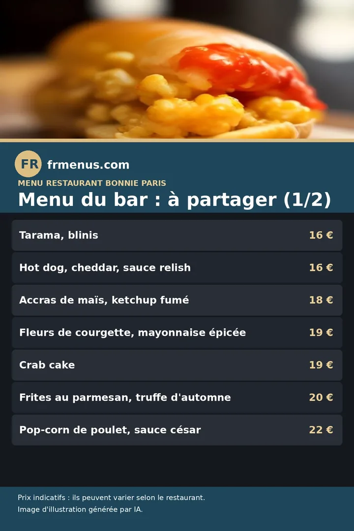Carte du menu du bar, à partager (1/2) du restaurant Bonnie à Paris, avec prix indicatifs