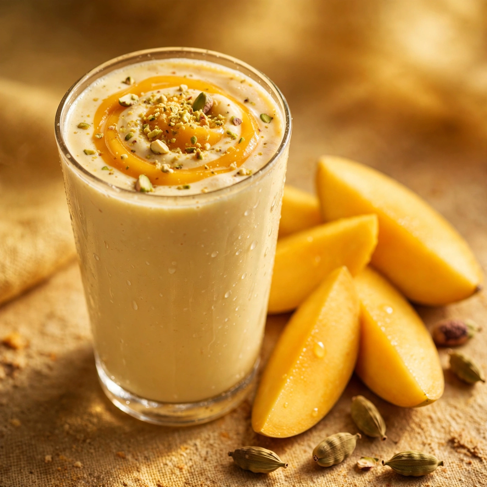 Lassi à la mangue garni de pistaches
