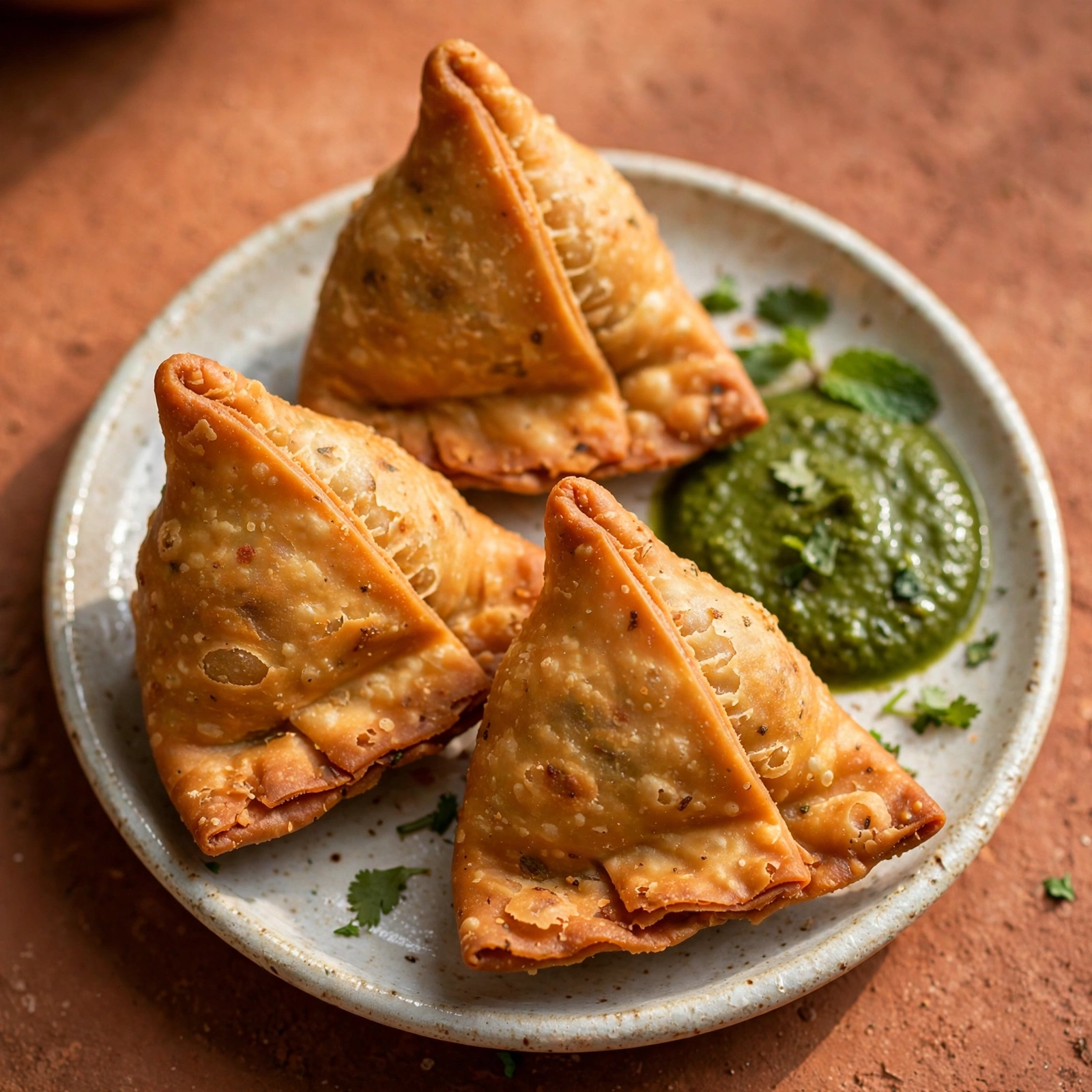 Samosas dorés avec chutney à la menthe