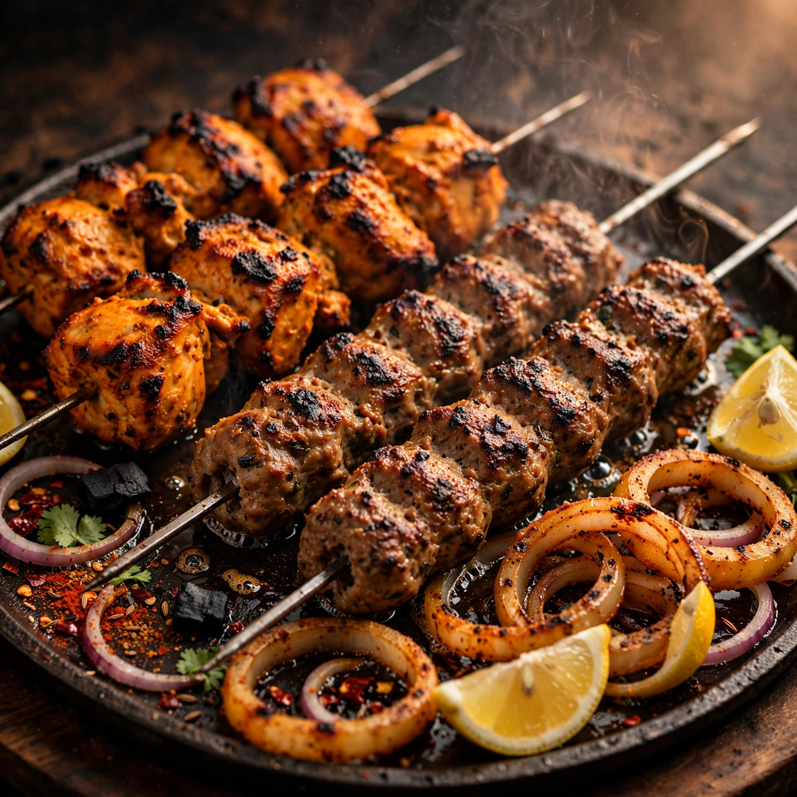 Brochettes de poulet tikka et seekh kebab grillés