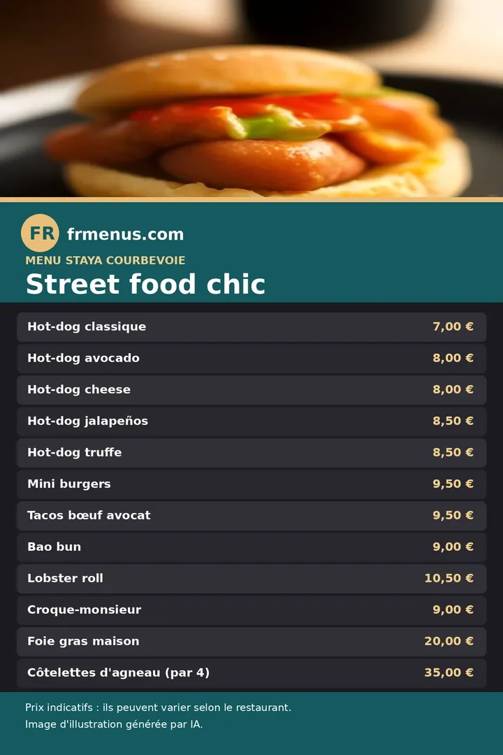 Carte de la street food chic du restaurant Staya à Courbevoie, avec prix indicatifs