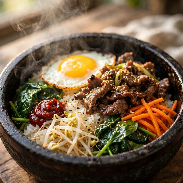 Bibimbap coréen servi dans un bol en pierre brûlant