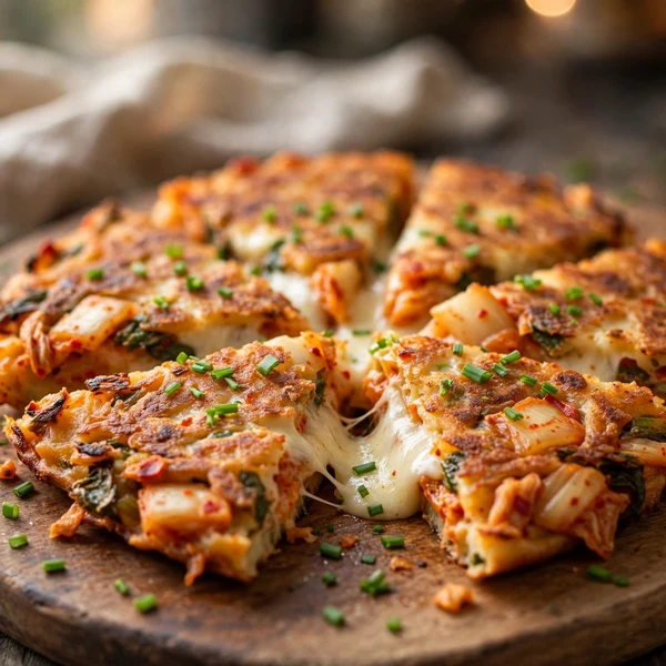 Pancake coréen au kimchi doré et croustillant au fromage fondant