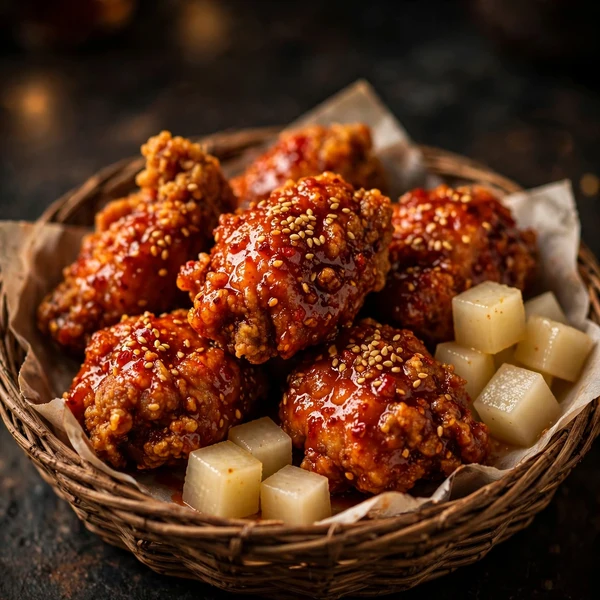 Poulet frit coréen nappé de sauce épicée, parsemé de graines de sésame