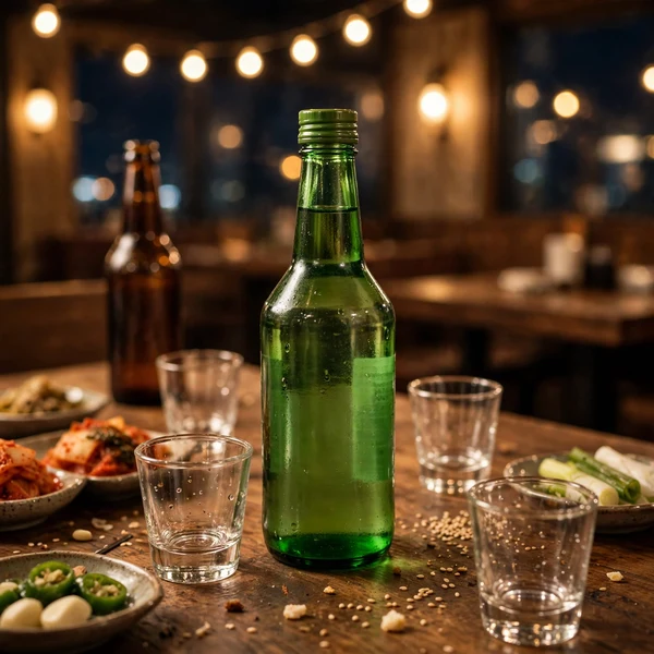 Bouteille de soju coréen et verres, bière coréenne en arrière-plan